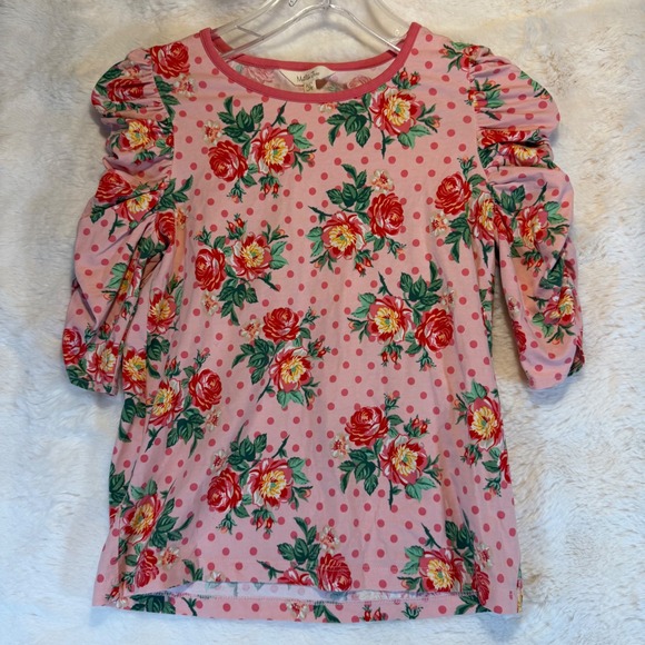 Matilda Jane Girls Pink Floral Polka Dot Puffed Sleeve Top Kids Size 12 - Picture 4 of 7